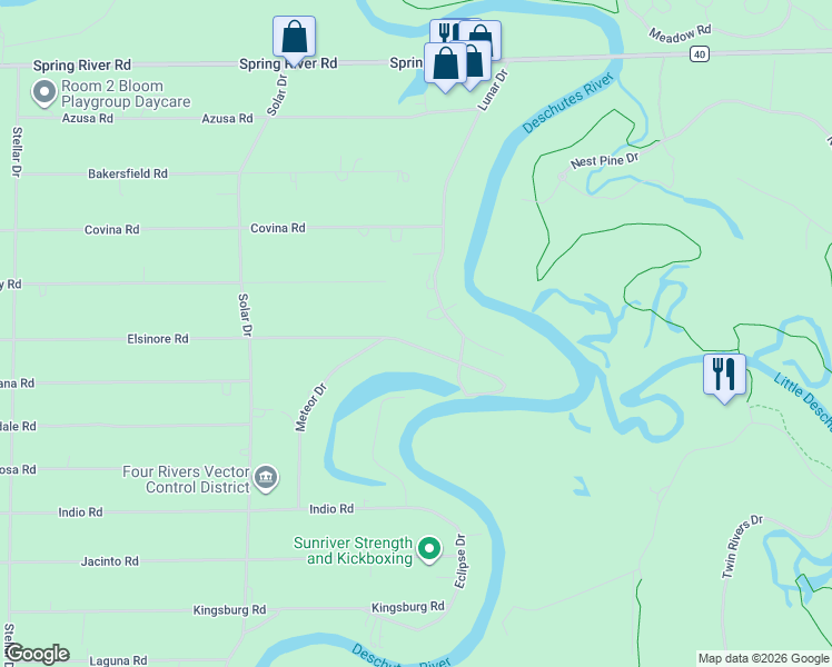 map of restaurants, bars, coffee shops, grocery stores, and more near 17324 Elsinore Road in Bend