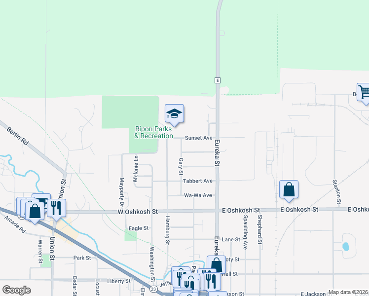 map of restaurants, bars, coffee shops, grocery stores, and more near 677 Gary Street in Ripon