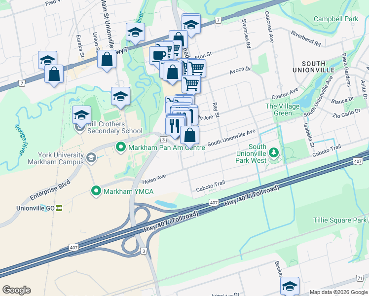 map of restaurants, bars, coffee shops, grocery stores, and more near 30 South Unionville Avenue in Markham