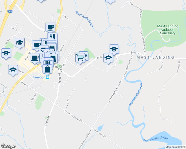 map of restaurants, bars, coffee shops, grocery stores, and more near 60 Bow Street in Freeport