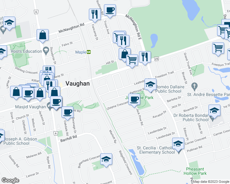 map of restaurants, bars, coffee shops, grocery stores, and more near 20 Craigvale Street in Vaughan