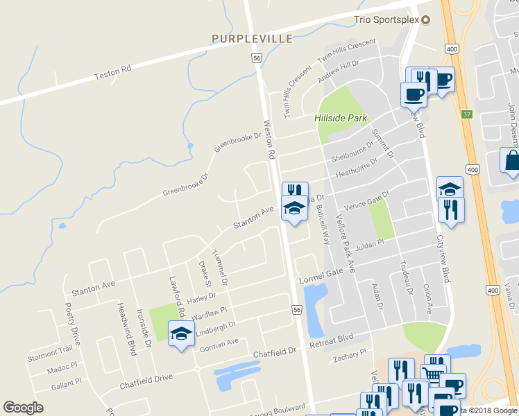map of restaurants, bars, coffee shops, grocery stores, and more near 22 Stanton Avenue in Vaughan