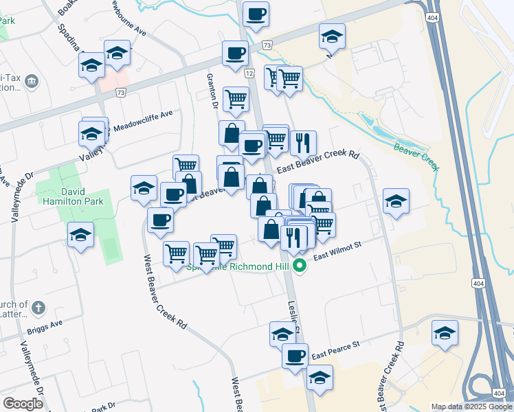 map of restaurants, bars, coffee shops, grocery stores, and more near 9120 Leslie Street in Richmond Hill