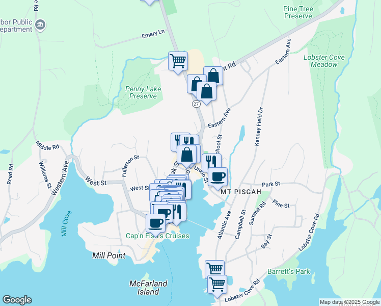 map of restaurants, bars, coffee shops, grocery stores, and more near 101 Townsend Avenue in Boothbay Harbor