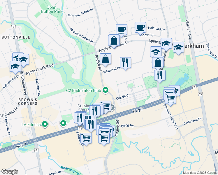 map of restaurants, bars, coffee shops, grocery stores, and more near 1351 Rodick Road in Markham