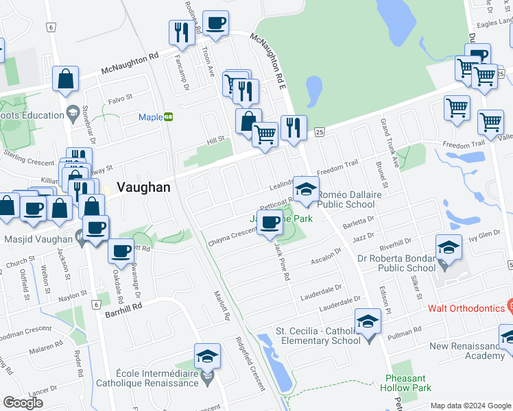 map of restaurants, bars, coffee shops, grocery stores, and more near 96 Petticoat Road in Vaughan