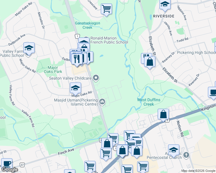 map of restaurants, bars, coffee shops, grocery stores, and more near 2173 Saffron Drive in Pickering