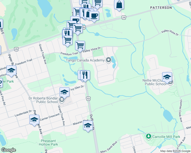 map of restaurants, bars, coffee shops, grocery stores, and more near 120 Upper Post Road in Vaughan
