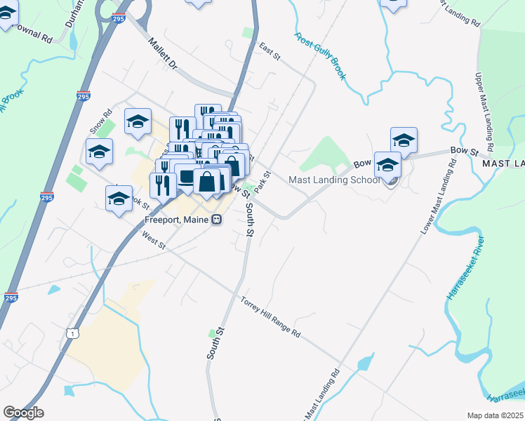 map of restaurants, bars, coffee shops, grocery stores, and more near 38 Bow Street in Freeport