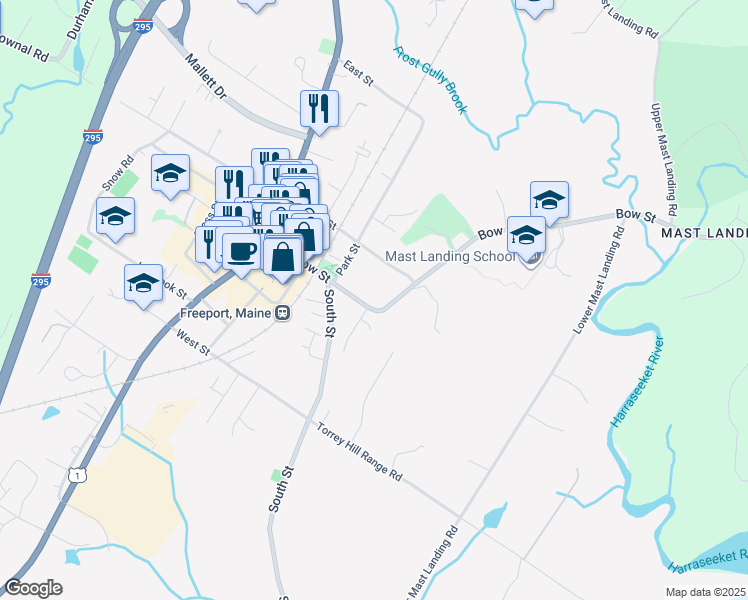 map of restaurants, bars, coffee shops, grocery stores, and more near 49 Bow Street in Freeport