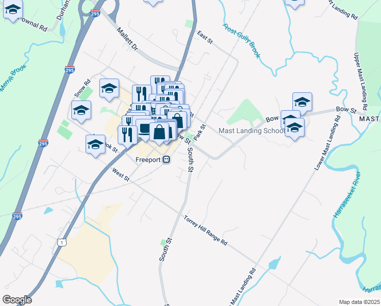 map of restaurants, bars, coffee shops, grocery stores, and more near 38 Bow Street in Freeport