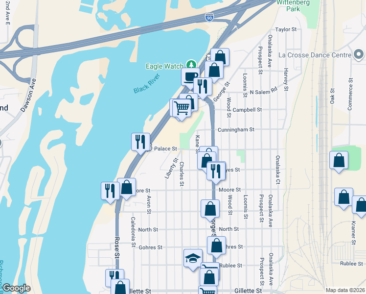 map of restaurants, bars, coffee shops, grocery stores, and more near 1007 Palace Street in La Crosse