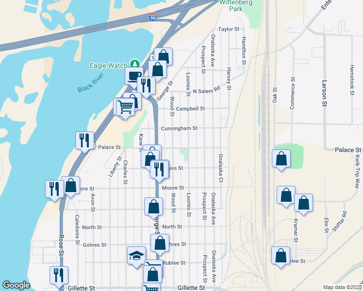 map of restaurants, bars, coffee shops, grocery stores, and more near 1319 Palace Street in La Crosse