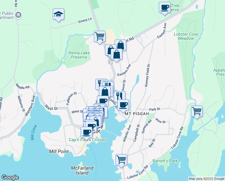 map of restaurants, bars, coffee shops, grocery stores, and more near 101 Townsend Avenue in Boothbay Harbor