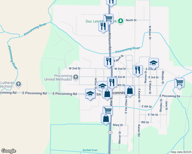 map of restaurants, bars, coffee shops, grocery stores, and more near 415 Arthur Street in Pinconning