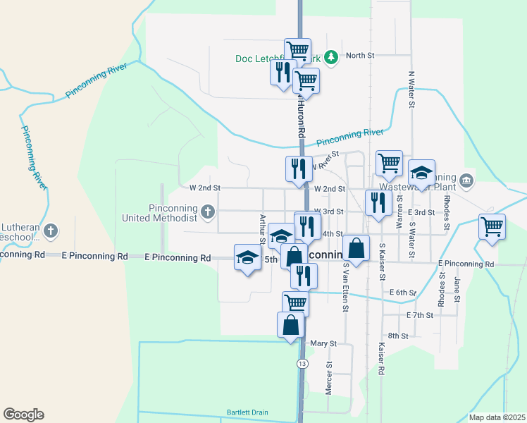 map of restaurants, bars, coffee shops, grocery stores, and more near 415 Arthur Street in Pinconning