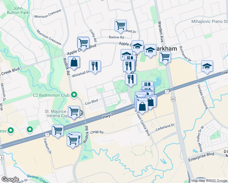 map of restaurants, bars, coffee shops, grocery stores, and more near 16 Cox Boulevard in Markham