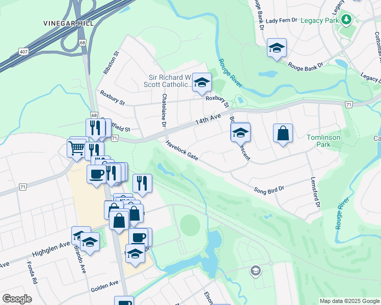 map of restaurants, bars, coffee shops, grocery stores, and more near 27 Havelock Gate in Markham