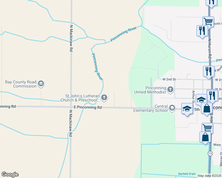 map of restaurants, bars, coffee shops, grocery stores, and more near 1653 East Pinconning Road in Pinconning