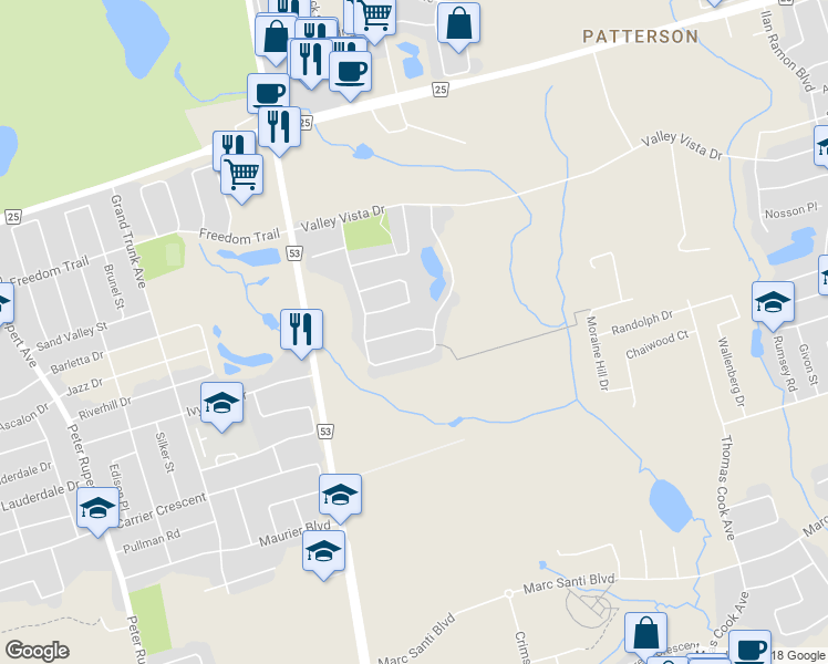 map of restaurants, bars, coffee shops, grocery stores, and more near 64 Stratheden Lane in Vaughan