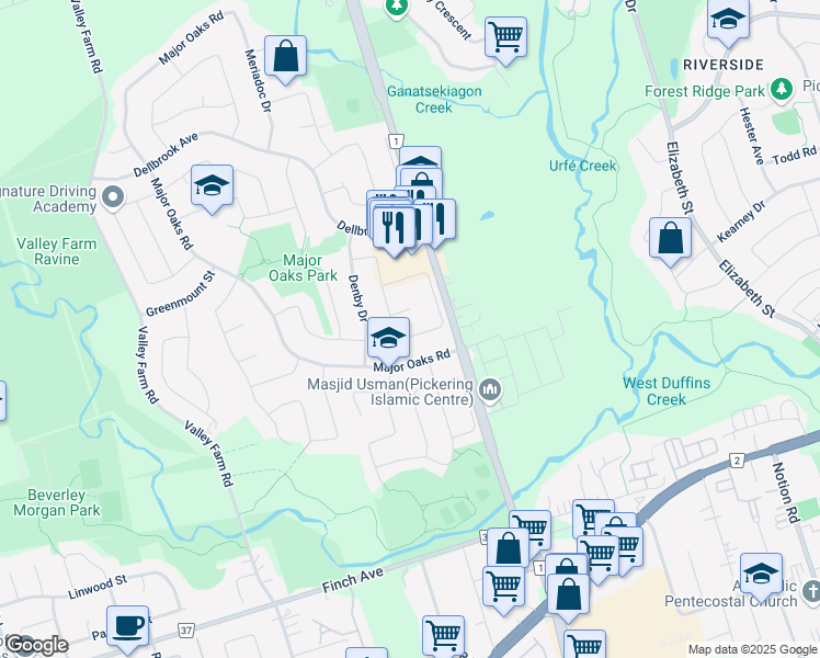 map of restaurants, bars, coffee shops, grocery stores, and more near in Pickering