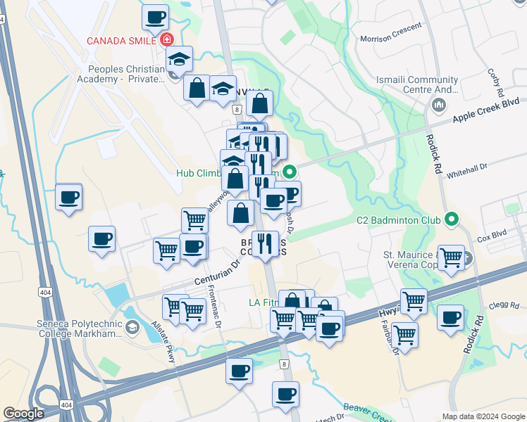 map of restaurants, bars, coffee shops, grocery stores, and more near 8787 Woodbine Avenue in Markham