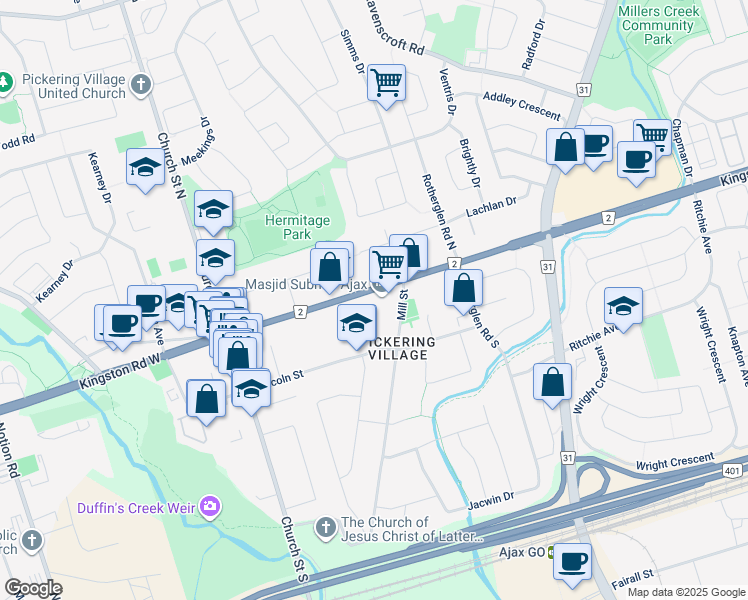 map of restaurants, bars, coffee shops, grocery stores, and more near 475 Kingston Road West in Ajax