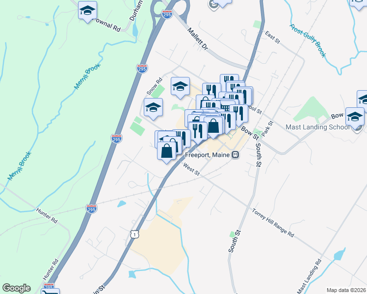 map of restaurants, bars, coffee shops, grocery stores, and more near 23 Main Street in Freeport
