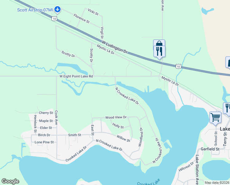 map of restaurants, bars, coffee shops, grocery stores, and more near 174 North Crooked Lake Drive in Lake