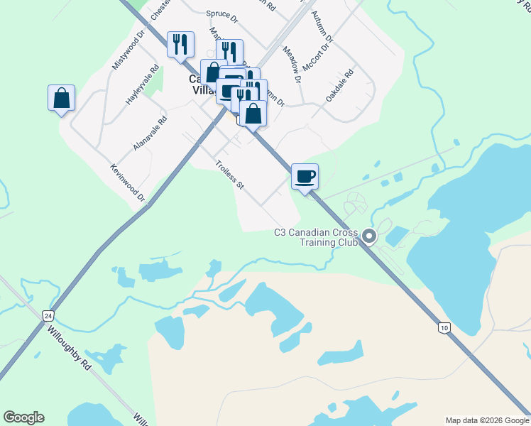 map of restaurants, bars, coffee shops, grocery stores, and more near 26 Troiless Street in Caledon