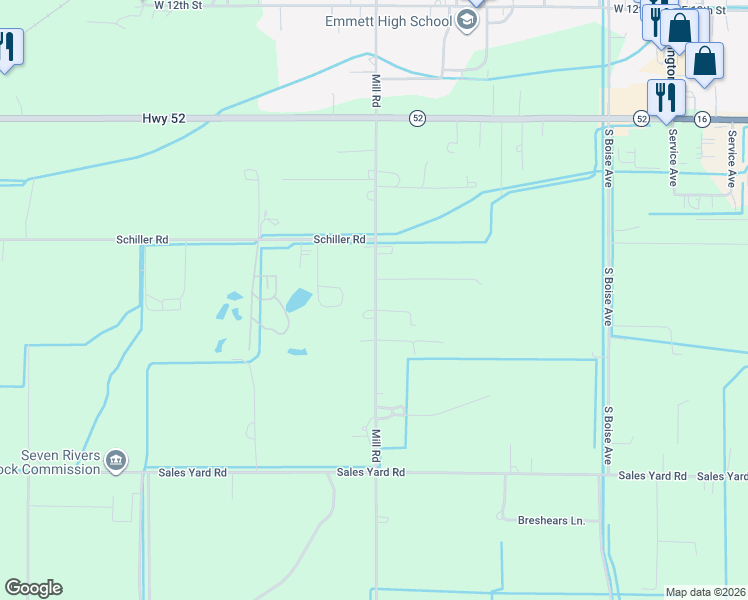 map of restaurants, bars, coffee shops, grocery stores, and more near 2407 Mill Road in Emmett