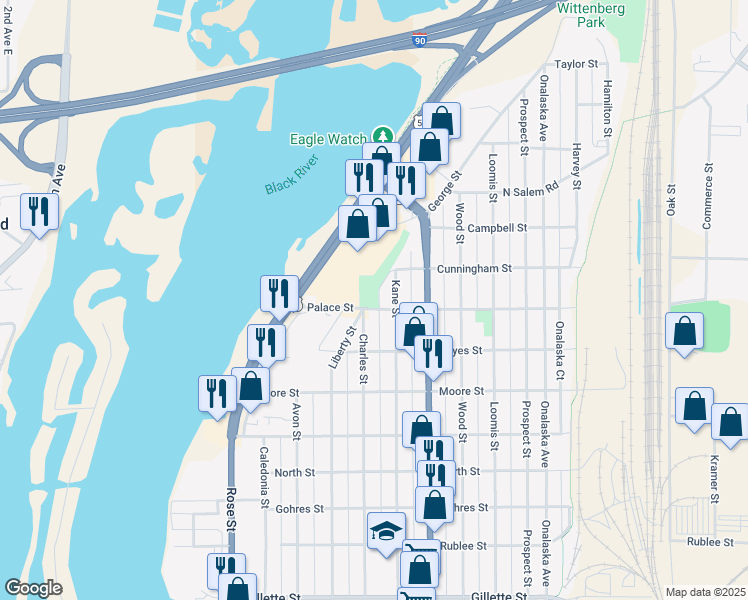 map of restaurants, bars, coffee shops, grocery stores, and more near 1007 Palace Street in La Crosse