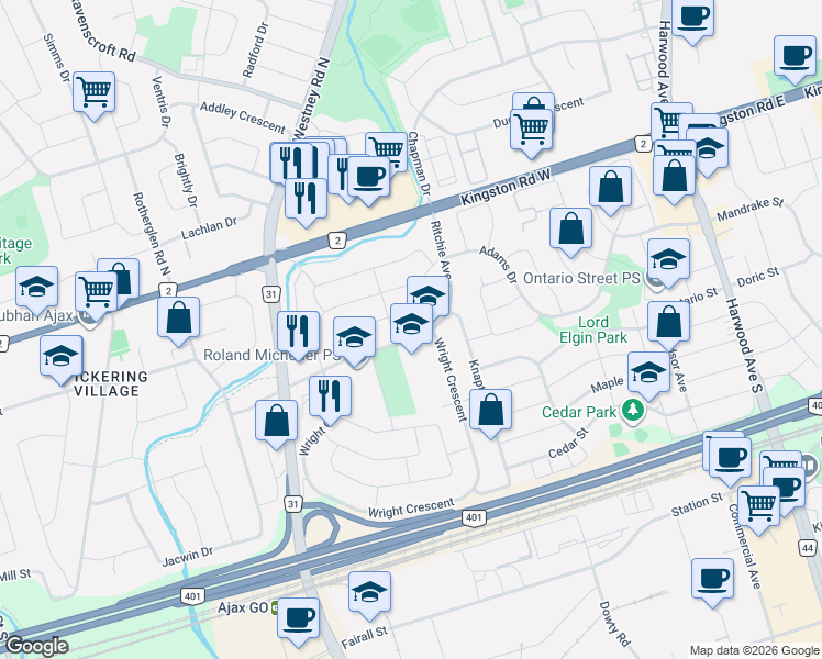 map of restaurants, bars, coffee shops, grocery stores, and more near 72 Ritchie Avenue in Ajax