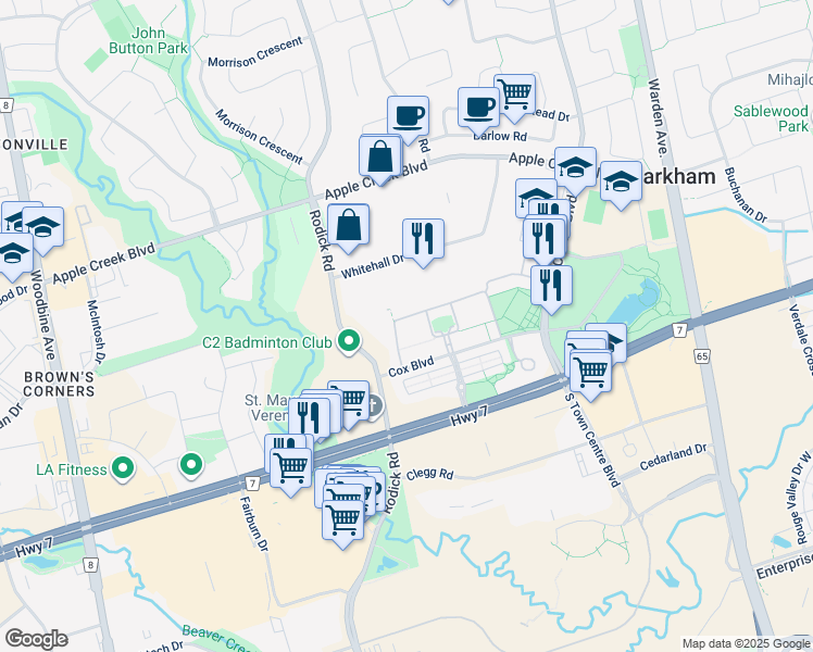 map of restaurants, bars, coffee shops, grocery stores, and more near 7 Saint Moritz Way in Markham