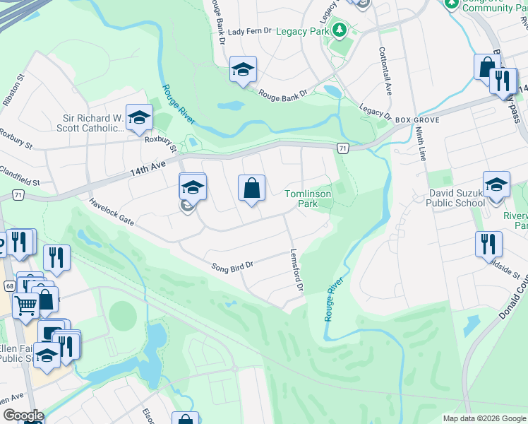 map of restaurants, bars, coffee shops, grocery stores, and more near 75 Boxwood Crescent in Markham