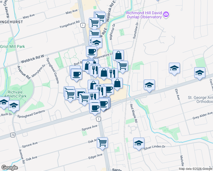 map of restaurants, bars, coffee shops, grocery stores, and more near 9325 Yonge Street in Richmond Hill