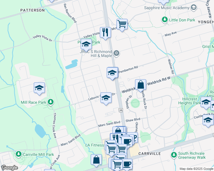 map of restaurants, bars, coffee shops, grocery stores, and more near 33 Gesher Crescent in Richmond Hill