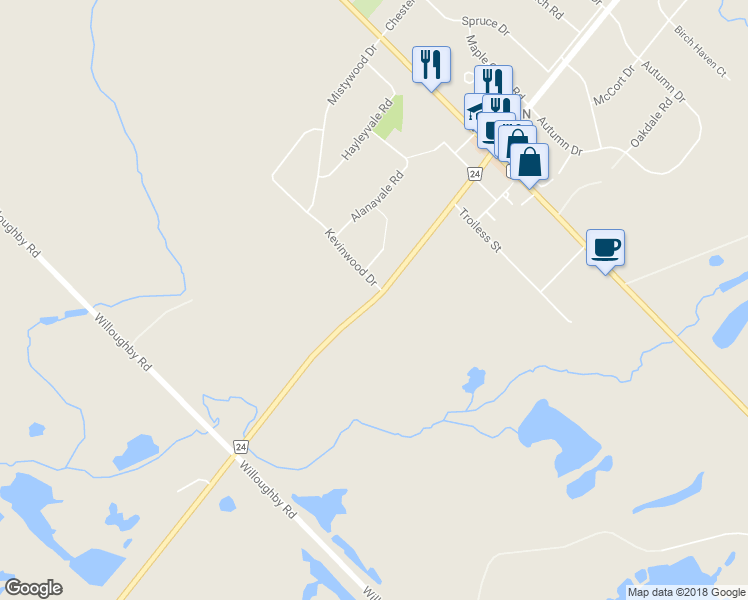 map of restaurants, bars, coffee shops, grocery stores, and more near 2140 Charleston Sideroad in Caledon