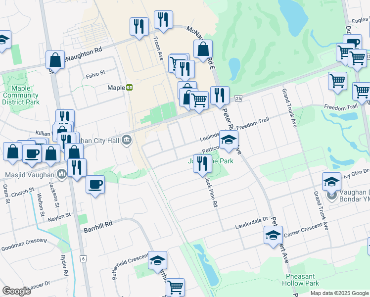 map of restaurants, bars, coffee shops, grocery stores, and more near 111 Lealinds Road in Vaughan