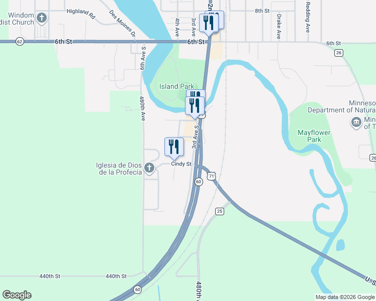 map of restaurants, bars, coffee shops, grocery stores, and more near HWY 60 Cindy Street in Windom