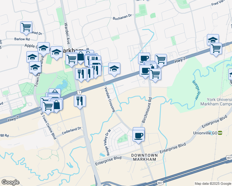 map of restaurants, bars, coffee shops, grocery stores, and more near 18 Water Walk Drive in Markham