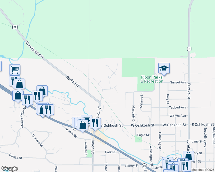 map of restaurants, bars, coffee shops, grocery stores, and more near 618 Cambridge Drive in Ripon