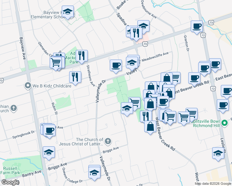 map of restaurants, bars, coffee shops, grocery stores, and more near 28 Sheila Crescent in Richmond Hill
