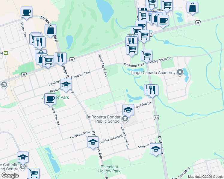 map of restaurants, bars, coffee shops, grocery stores, and more near 131 Muret Crescent in Vaughan