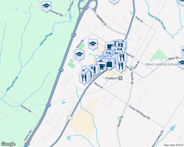 map of restaurants, bars, coffee shops, grocery stores, and more near 23 Main Street in Freeport