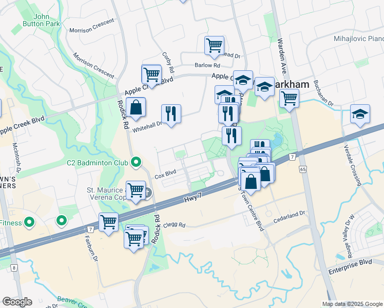 map of restaurants, bars, coffee shops, grocery stores, and more near 16 Cox Boulevard in Markham