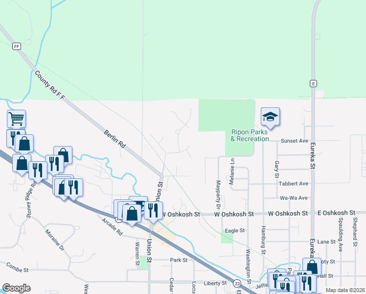 map of restaurants, bars, coffee shops, grocery stores, and more near 618 Cambridge Drive in Ripon