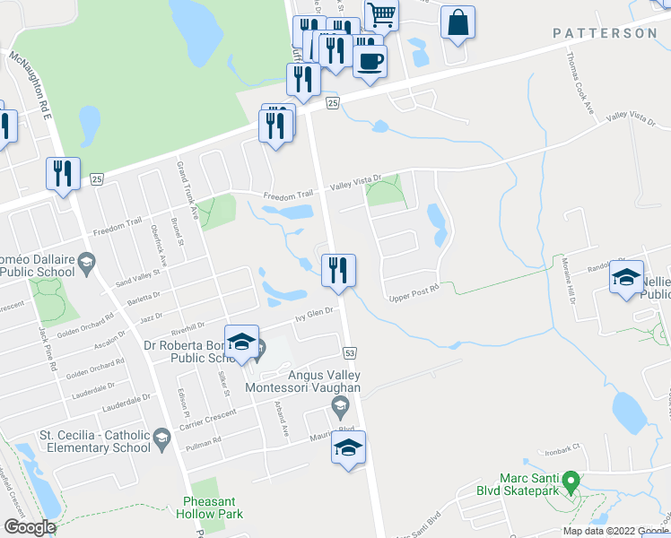 map of restaurants, bars, coffee shops, grocery stores, and more near 9777 Dufferin Street in Vaughan