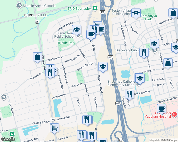 map of restaurants, bars, coffee shops, grocery stores, and more near 212 Venice Gate Drive in Vaughan