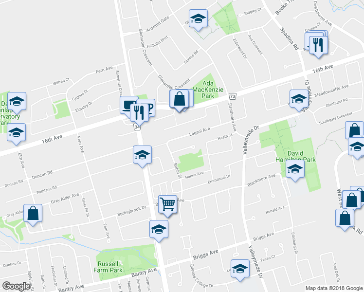 map of restaurants, bars, coffee shops, grocery stores, and more near 12 Pearl Gate Court in Richmond Hill